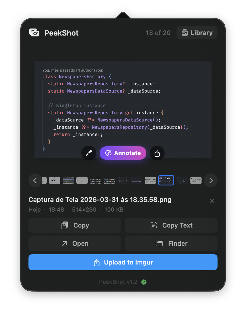 PeekShot main popover — your latest screenshots one click away