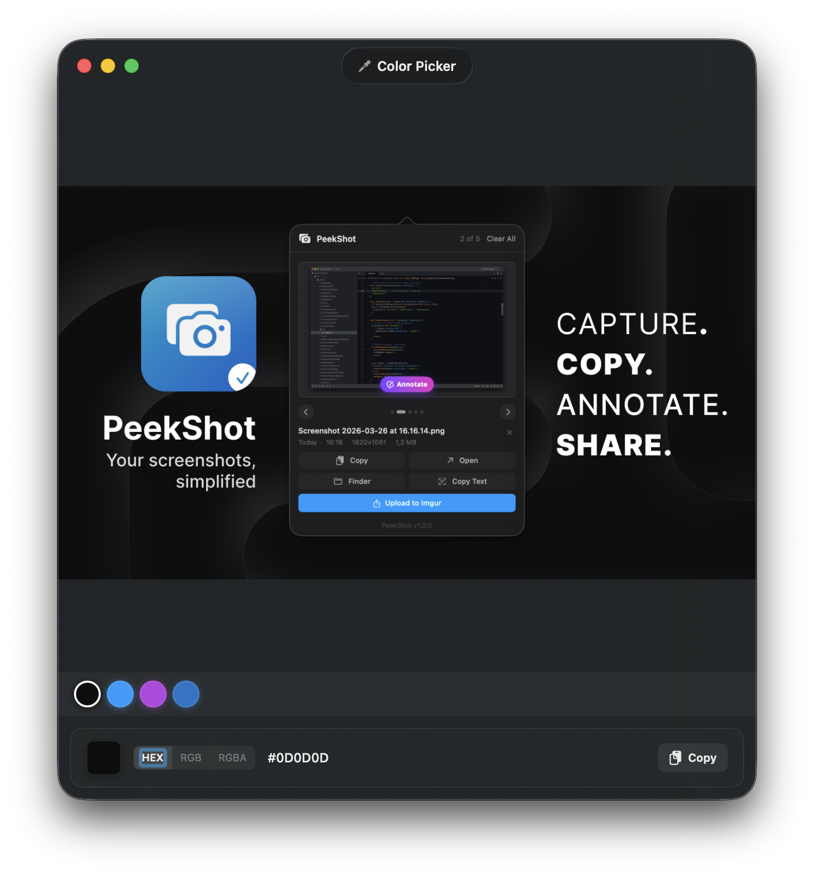 Color Picker — sample any pixel on screen with full history